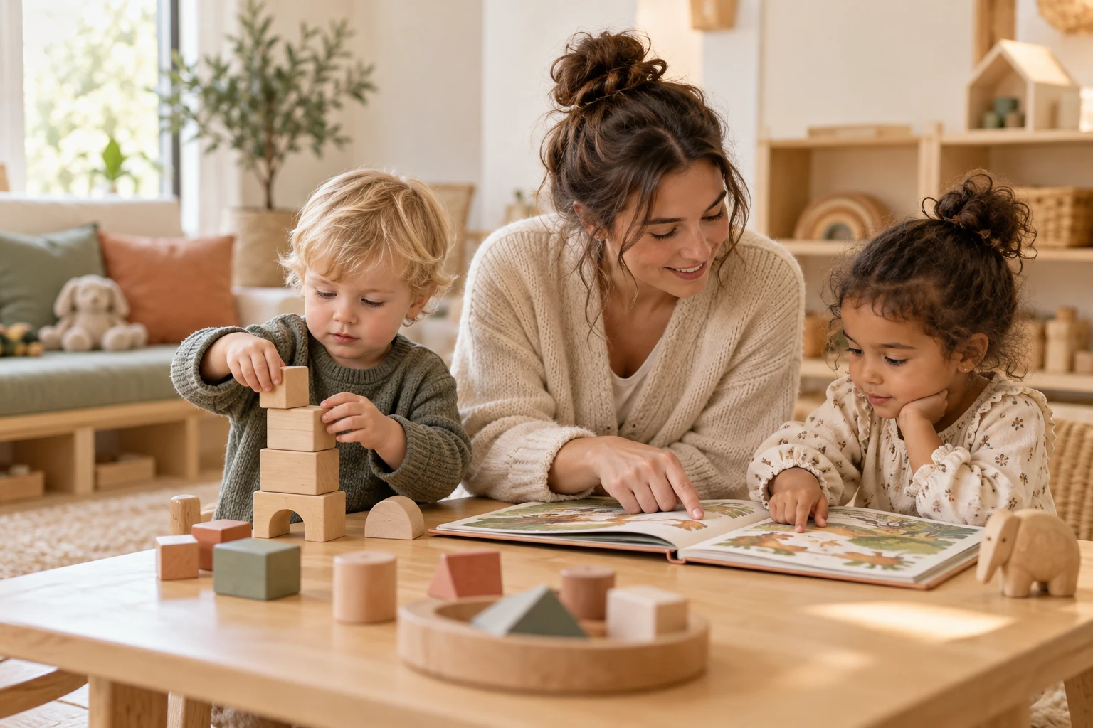 Illustratief sfeerbeeld: een pedagogisch begeleider ontdekt samen met twee jonge kinderen een boek en houten blokken